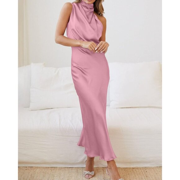 Women's Dusty Pink Cocktail Dress for Satin Silk Sleeveless High Waist Maxi - Picture 8 of 8